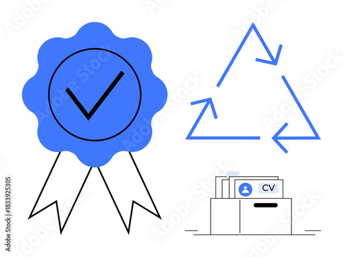 Certification concept. Certification symbol with checkmark, recycling triangle, and resume icons job applications and sustainability. Certification process, employment, recruitment, circular economy