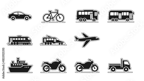 Collection of transport mode icons in black and white offering various options for commuting