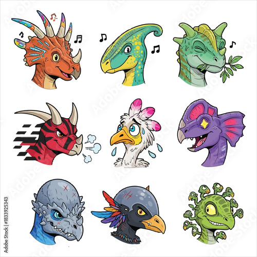 Nine colorful cartoon dinosaur head stickers