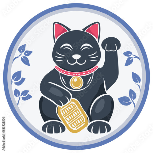 Black Maneki Neko beckoning cat with golden coin Japanese symbol of luck fortune and prosperity illustration