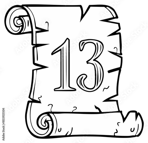 Number thirteen on ancient scroll with torn edges and rolled ends drawn in black and white
