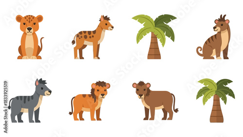 Cute cartoon animals and palm tree set, vector illustration, perfect for kids design projects, zoo
