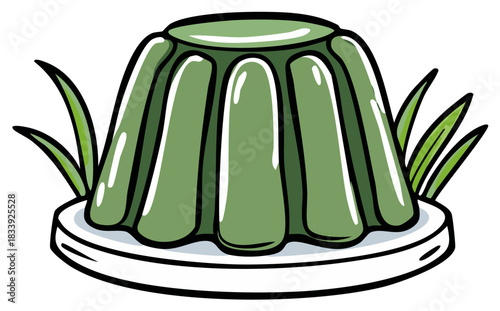Green Jello Dessert Illustration with Decorative Leaves on White Plate