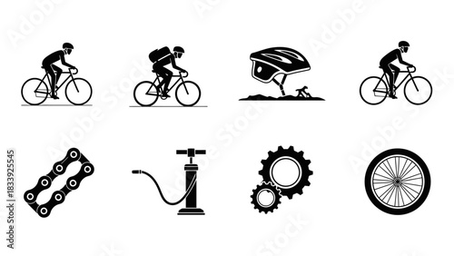 Cyclist equipment and cyclists in silhouette featuring a helmet pump gears and wheels