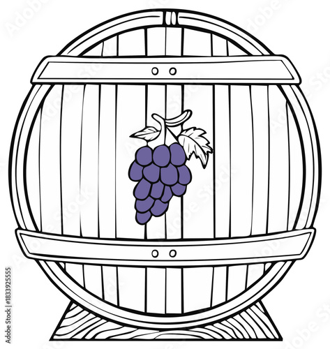 Stylized wooden barrel with a prominent bunch of purple grapes winery illustration art