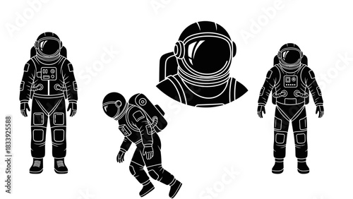 Detailed Vector Illustration of Spacemen in Various Poses on Isolated White Background