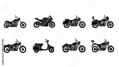 Diverse motorcycle silhouette collection showcasing various styles for transportation design and