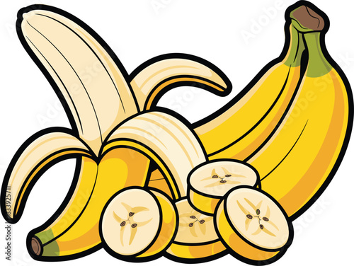 Colorful Peeled and Sliced Banana Fruit Vector Illustration: Detailed Set for Health, Dessert Recipes, and Produce Advertising Graphics, Highlighting Sliced Pieces.