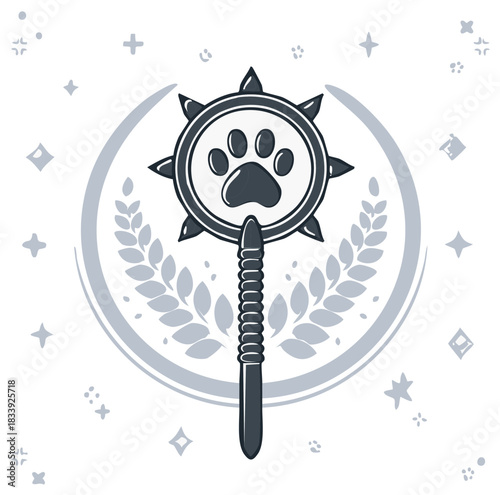Paw print symbol on a spiked mace with laurel wreath and crescent moon icon