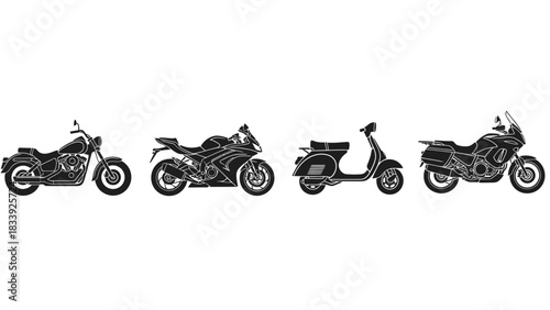 Diverse motorcycle silhouettes showcasing a range of styles for transportation enthusiasts