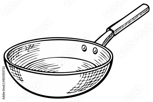 Classic single handle cooking pan with textured interior and sketched details isolated on white background.