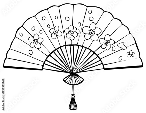 Outline illustration of an open fan decorated with blossoms and a tassel