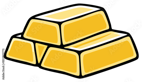 Stacked gold bullion bars with a shiny metallic luster and bold black outlines