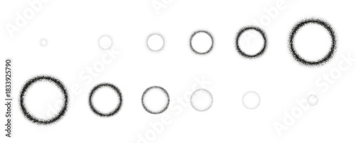 Sequential animation of dotted grainy rings. Set of vector gritty circles with black stipple texture effect for frame animation of explode or magic effect. Circles with gritty pattern.