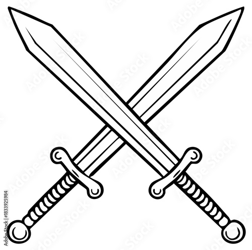 Black and white line art illustration of two crossed swords a symbol of battle conflict or medieval heraldry