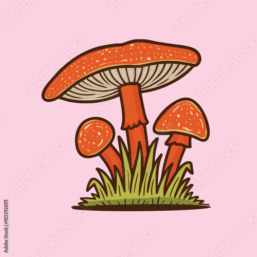 Cute Cartoon Mushroom Sticker  Red Toadstool Vector Illustration with Grass