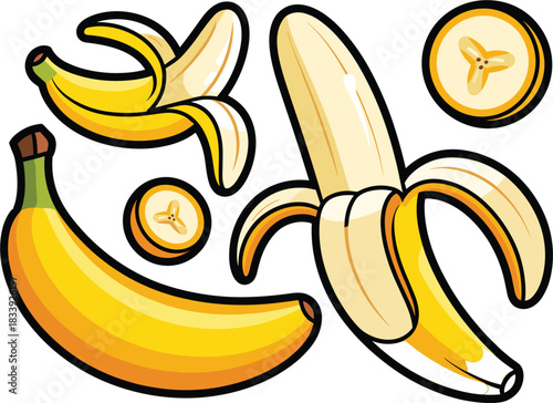 Colorful Banana Fruit Vector Set: Detailed Illustration Featuring Whole, Peeled, and Sliced Yellow Bananas for Healthy Eating, Snack Graphics, and Food Marketing Designs.