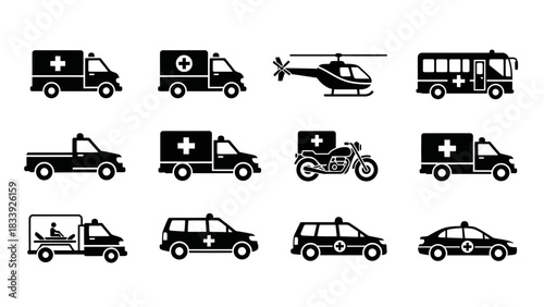 Emergency Vehicles Icon Set: Diverse Medical Transport Options in Vector Format Ideal for