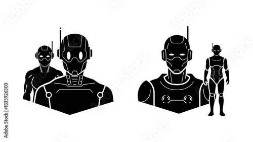 Futuristic Robot Duo: Black and White Silhouette Illustration of Advanced Technology