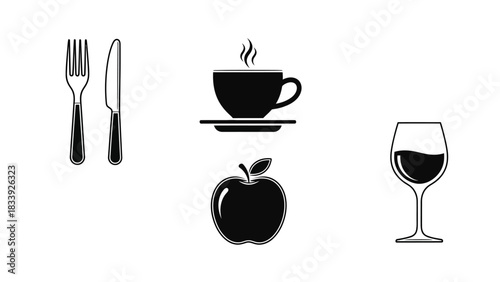 Graphic representation of food and beverages with apple coffee cutlery and wineglass showcasing