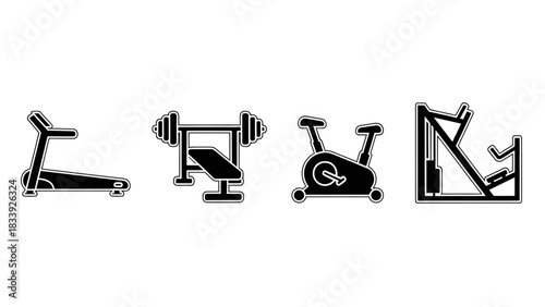 Gym equipment vector icons showcasing exercise machines for fitness training and workout sessions