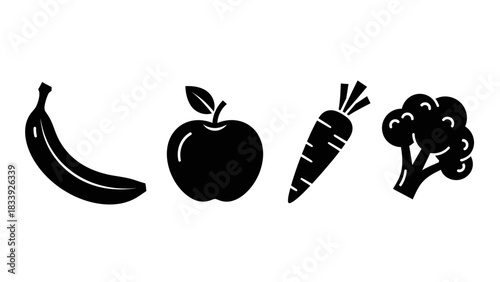 Healthy food icons featuring banana apple carrot and broccoli for nutrition content creation