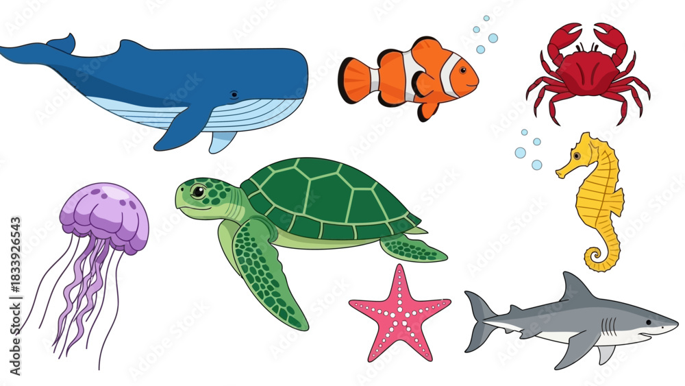Fototapeta premium Illustrative Collection of Diverse Marine Animals for Educational Resources and Design Projects