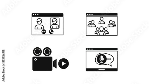 Illustrations representing video conferencing, online meetings, and virtual communication media