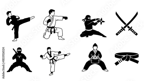 Illustrations of Martial Arts, Including Karate, Ninja, and Samurai Elements in Vector Format