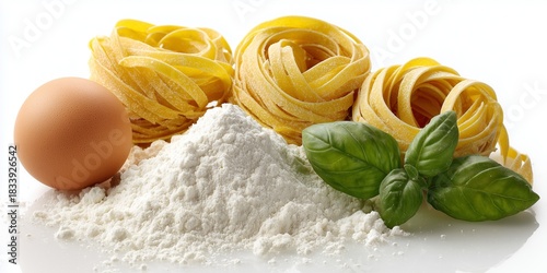 Fresh raw pasta spirals and ingredients--flour, egg, basil--styled on white