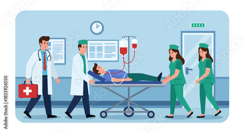 Medical professionals are diligently transporting a patient on a stretcher through the clean, modern corridors of a hospital, showcasing emergency care and healthcare services.