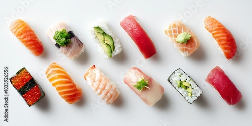 Fresh sushi pieces arranged minimalistically, clean white background