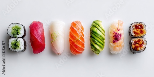 Fresh sushi pieces arranged minimalistically, clean white background