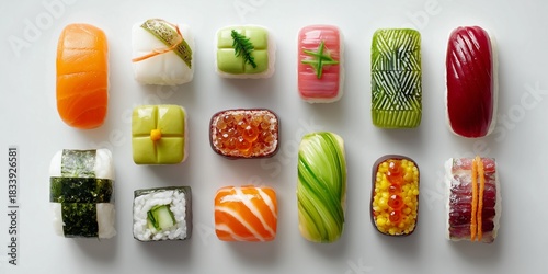 Fresh sushi pieces arranged minimalistically, clean white background