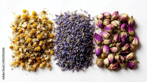 Herbal tea ingredients--dried chamomile, lavender, rosebuds--arranged flat lay on white