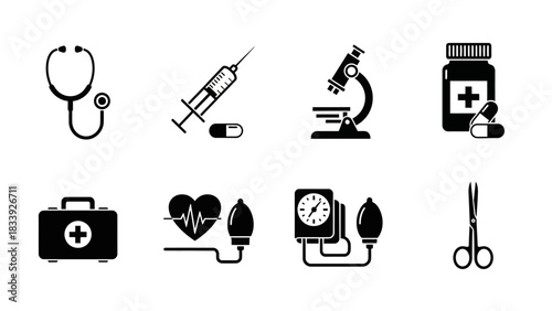 Medical Icons Set, Simple Flat Design, Hospital Equipment and Supplies Illustration