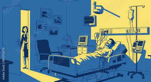 A vector illustration depicts a woman in a business suit standing in a hospital room, illuminated by a contrasting yellow light, observing a patient in bed.