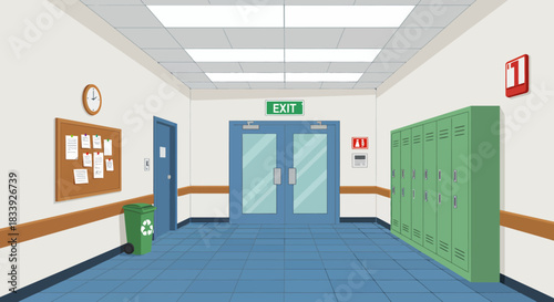A clean and bright vector illustration of a hospital hallway with lockers and an exit sign, perfect for medical and healthcare-related designs, suitable for various applications.