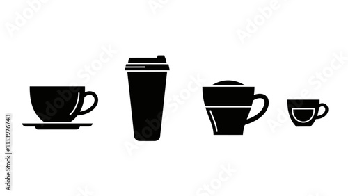 Minimalist coffee cups design featuring espresso, cappuccino and travel mug icons