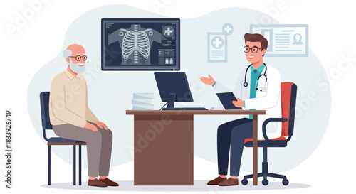 A doctor is consulting with an elderly patient in a hospital, examining his X-ray results, in a modern medical office setting, providing healthcare.