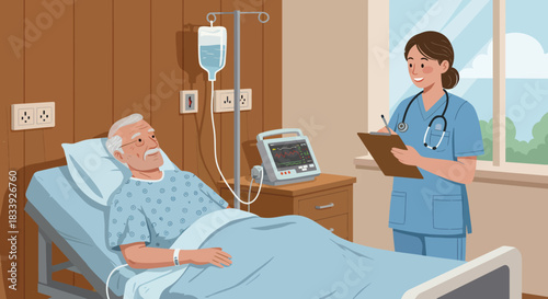 A caring nurse takes notes while attending to an elderly patient lying in a hospital bed, ensuring comprehensive care and monitoring for his well-being.