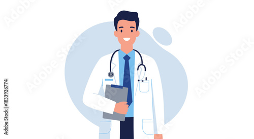 A smiling male doctor in a white coat with a stethoscope around his neck, holding a clipboard, presented in a clean, vector illustration style, ideal for healthcare and medical concepts.