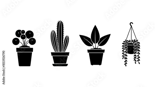 Minimalist plant collection featuring four different potted plant silhouettes in black and white
