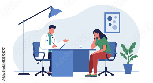 A concerned woman consults with a doctor in a hospital setting, depicted in a clean, modern vector style ideal for medical and healthcare communications.