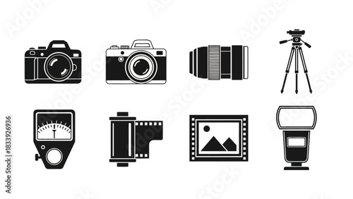 Monochrome photography equipment icons showcasing diverse photography accessories in vector format