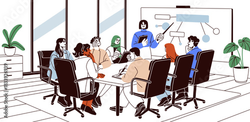 Business meeting in conference room. Corporate team, managers, employees, staff at table, speaker at presentation, report on whiteboard. Professional office training. Flat vector illustration