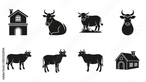 Monochrome set depicting rural life with farm animals and houses in vector format