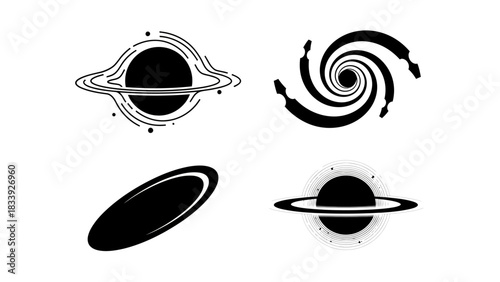 Monochrome space icons collection depicting planets, black holes, and spiral galaxy visuals