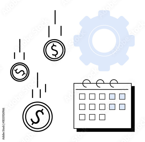 Coins with dollar signs falling, a calendar with days marked, and a gear symbol. Ideal for finance, business strategy, productivity, resource allocation, time efficiency, economic planning simple