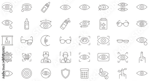 A versatile set of minimalist line art vector icons illustrating essential concepts of eye care, ophthalmology, and vision health for digital designs.